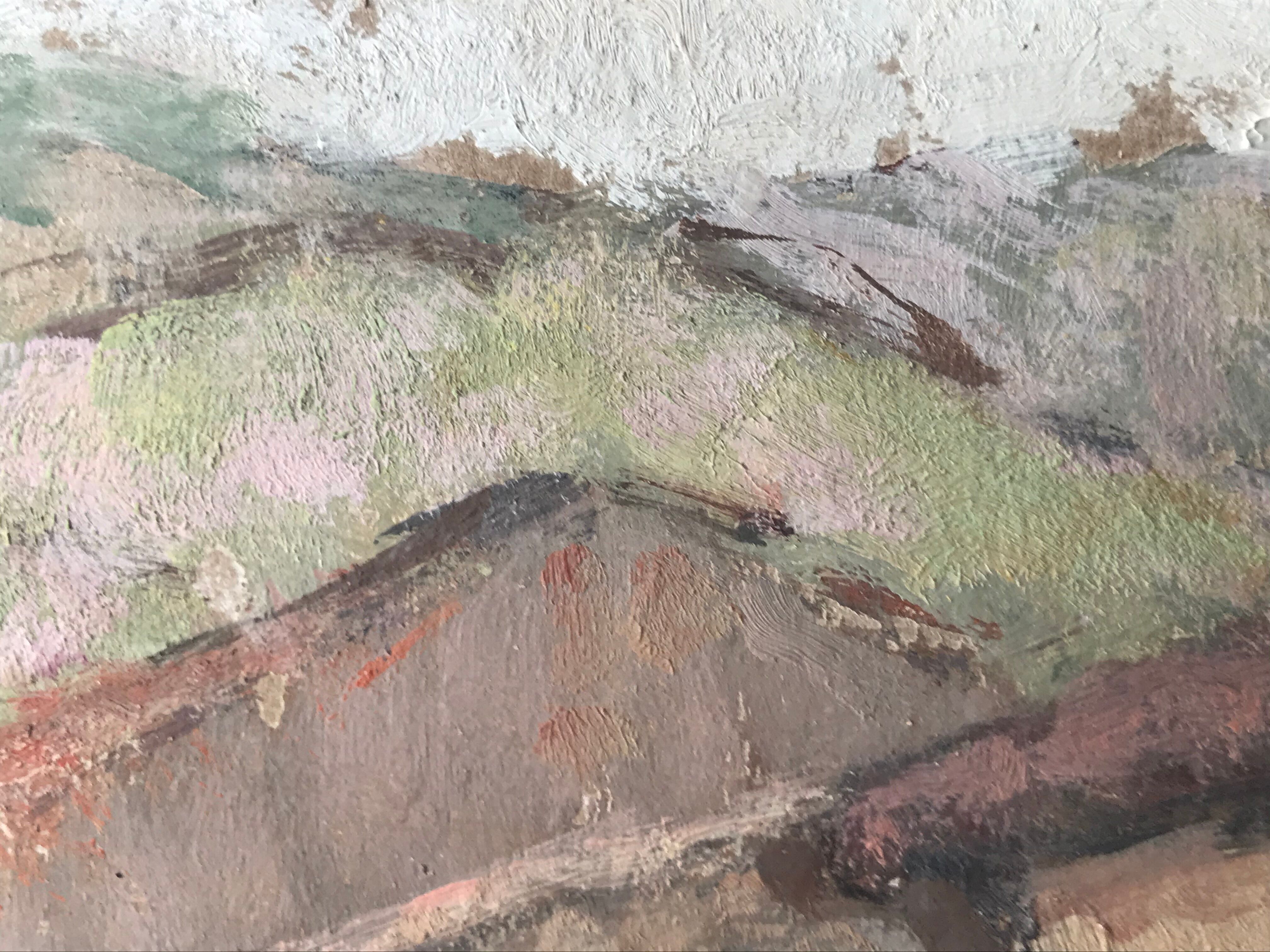 Old painting oil on cardboard peasant village