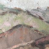 Old painting oil on cardboard peasant village
