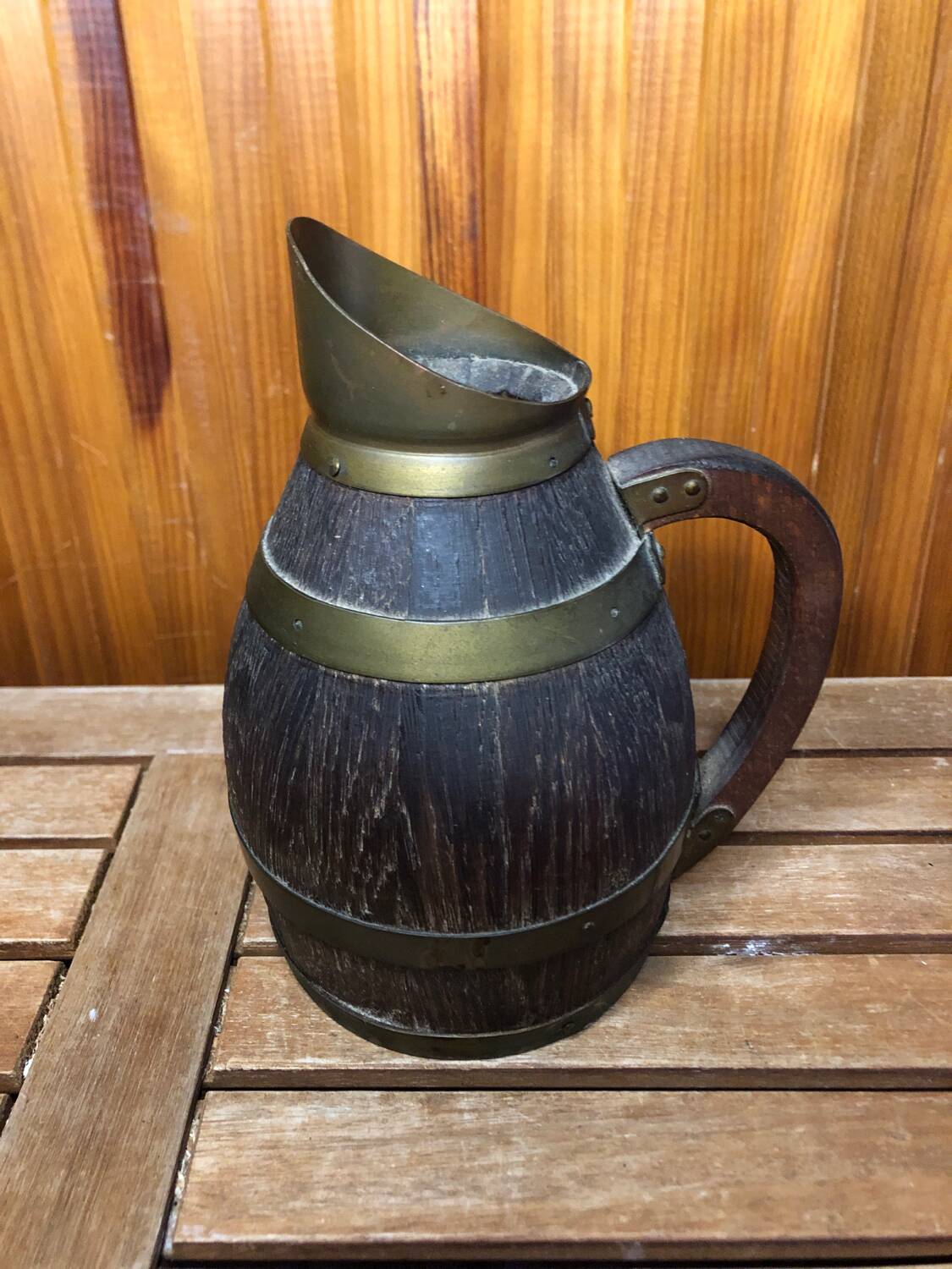 Old Wooden Pitcher + Vintage Brass Strapping