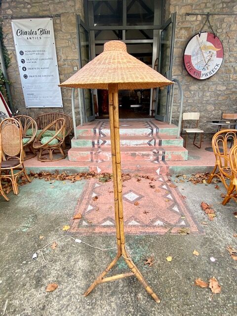 Wicker and rattan floor lamp circa 1960