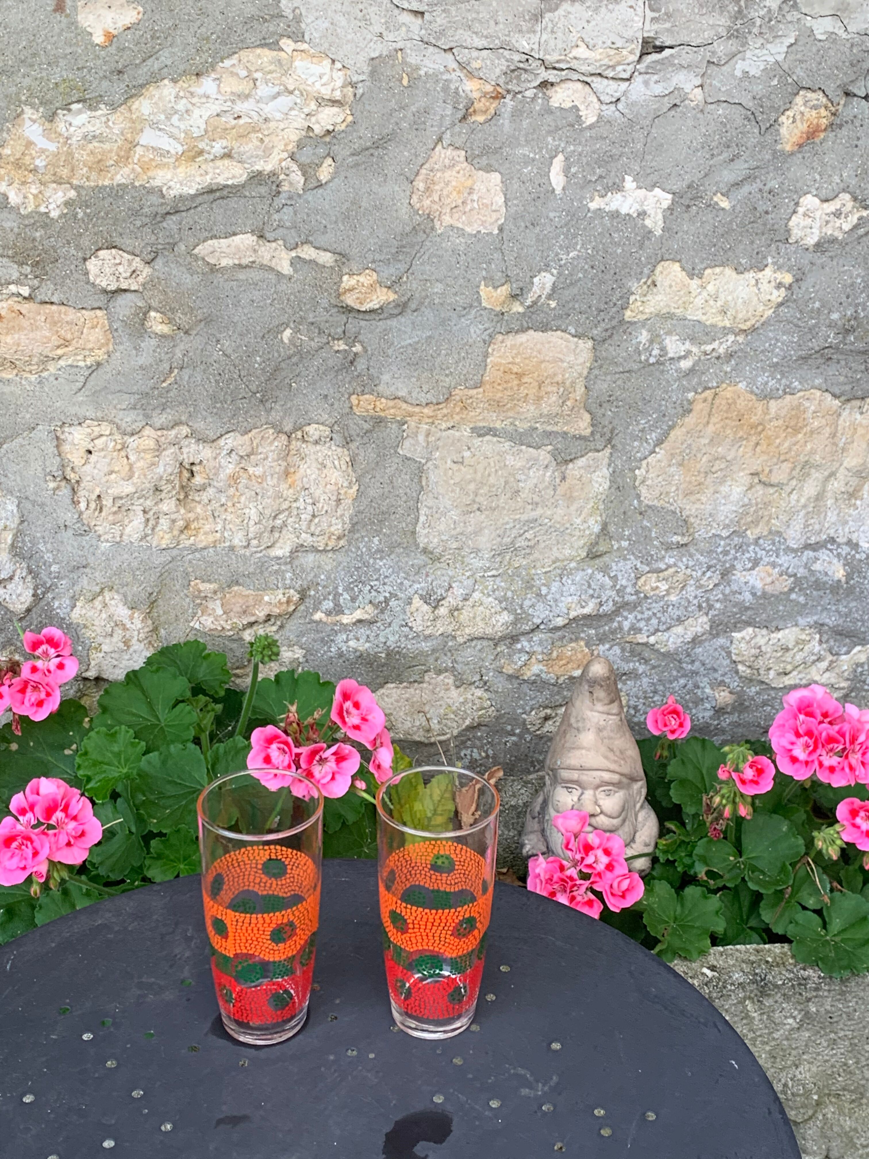 6 glasses to orangeade mosaic orange and green vintage 1970