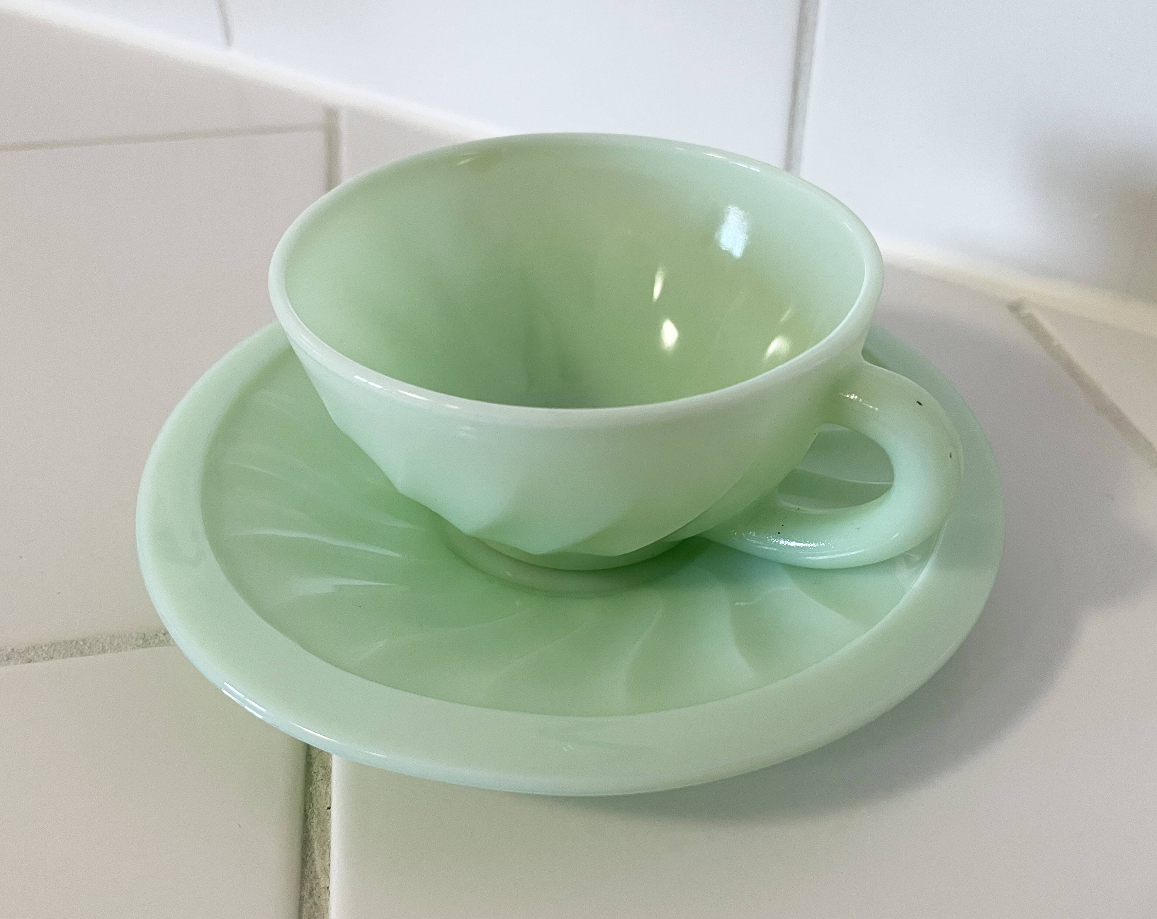 Mint Green Opaline Coffee Cup and Saucer with Swirl Motif, Vintage Art Deco