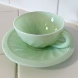 Mint Green Opaline Coffee Cup and Saucer with Swirl Motif, Vintage Art Deco