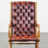 Red flame-grained English cow leather chesterfield armchair