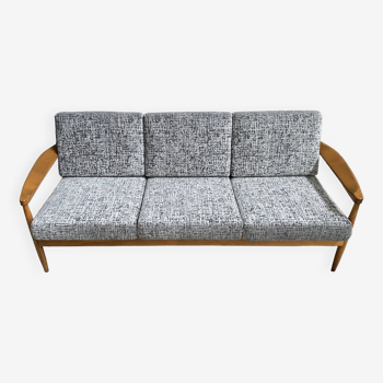 Canapé 3 places en tissu gris et bois 1960
