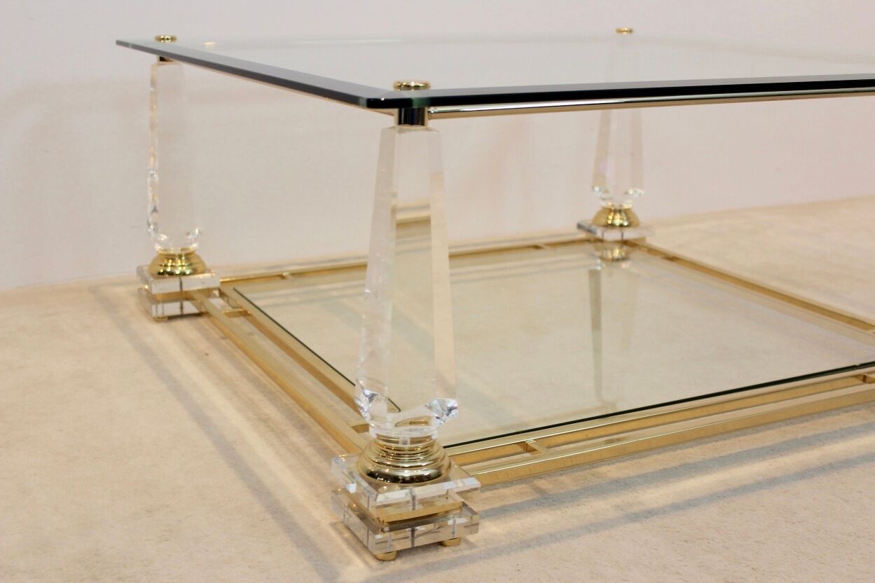 Extraordinary Lucite, Brass and Glass Obelisk Coffee table, 1970s