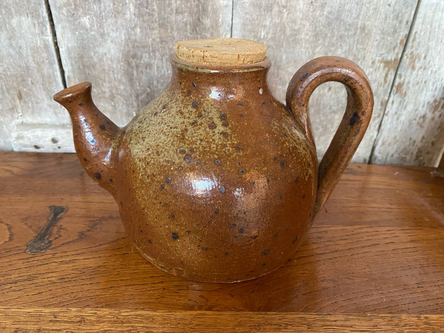 Antique brown beige pyrite stoneware teapot + vintage cork stopper