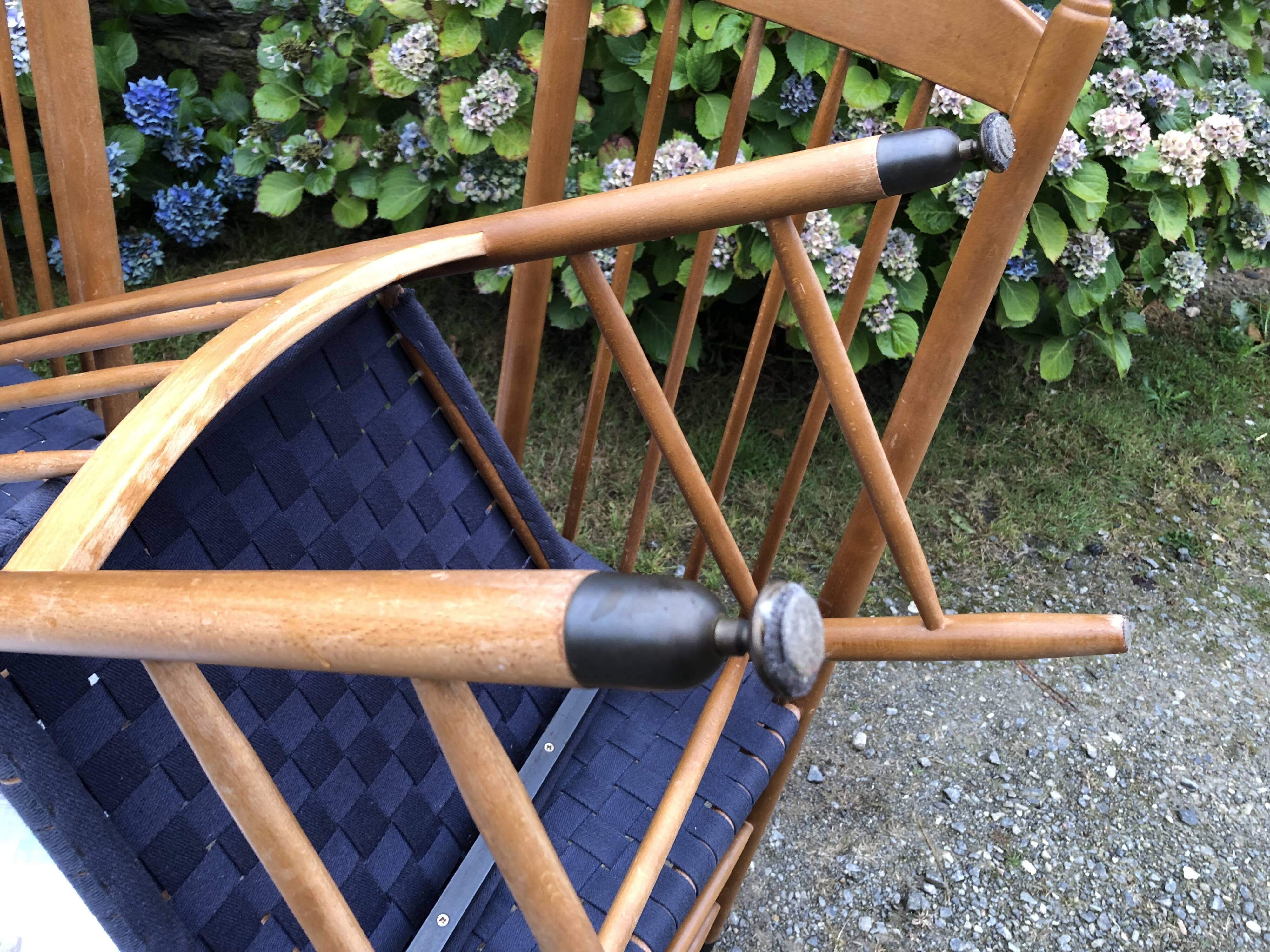 4 vintage Roche Bobois chairs from the 80s in beech with woven seats in blue fabric.