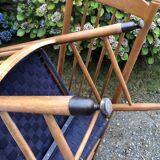 4 vintage Roche Bobois chairs from the 80s in beech with woven seats in blue fabric.