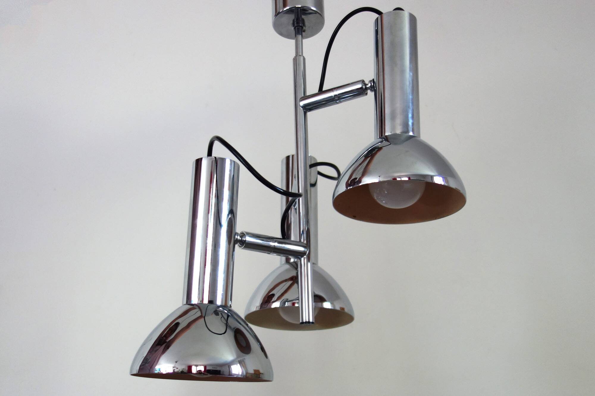 Chrome metal 3-spot chandelier from the 1970s.