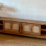 TV sideboard in raw solid oak and caning