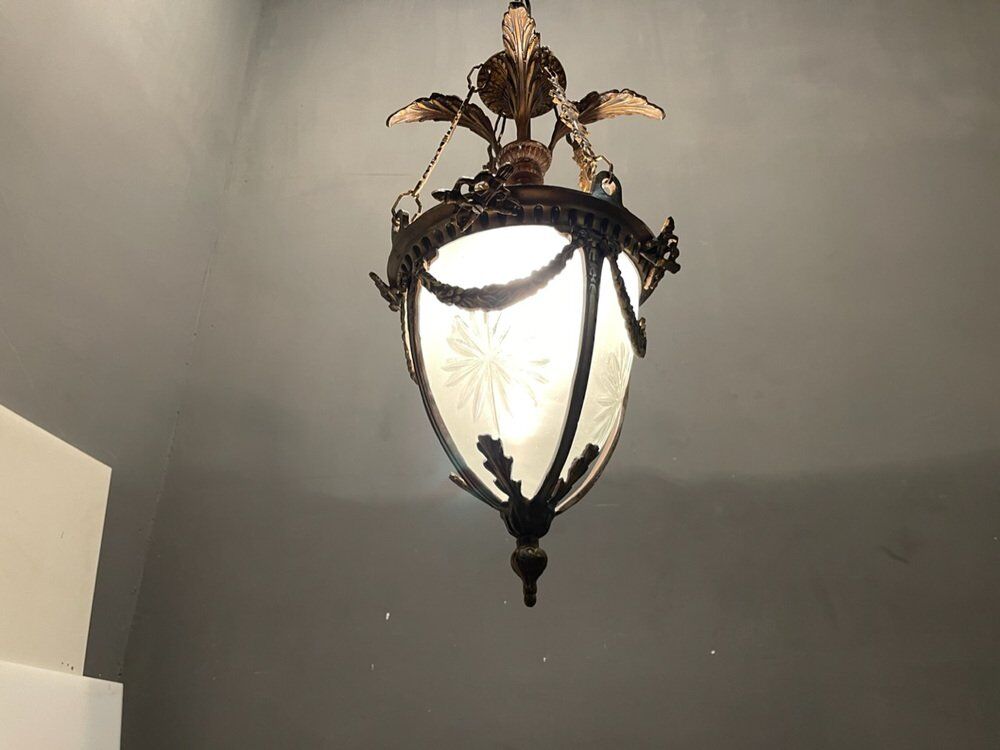 Bronze etched glass light pendants, 1970