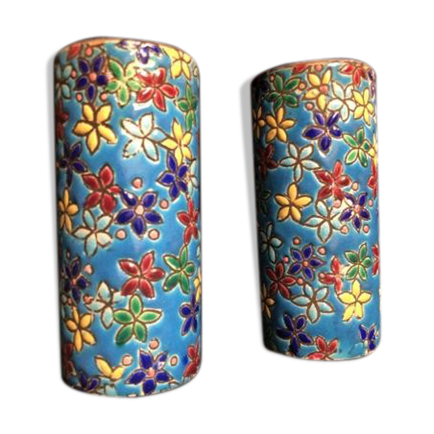 Pair of 19th-century roll vases in Longwy enamels