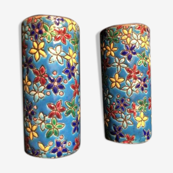 Pair of 19th-century roll vases in Longwy enamels