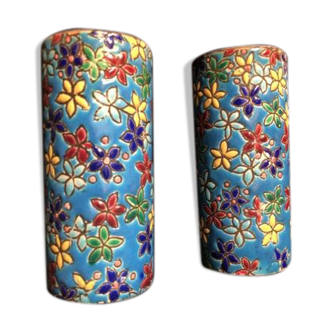 Pair of 19th-century roll vases in Longwy enamels