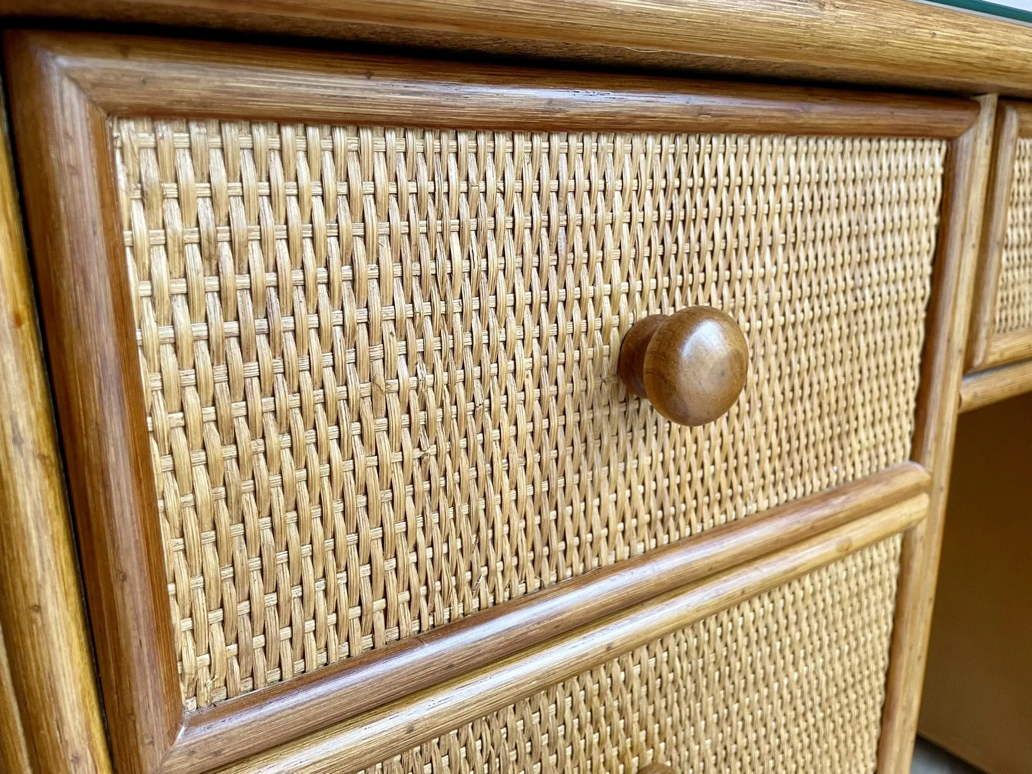 Cane work desk / Rattan glass top 9 drawers shallow depth
