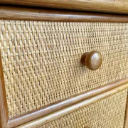 Cane work desk / Rattan glass top 9 drawers shallow depth