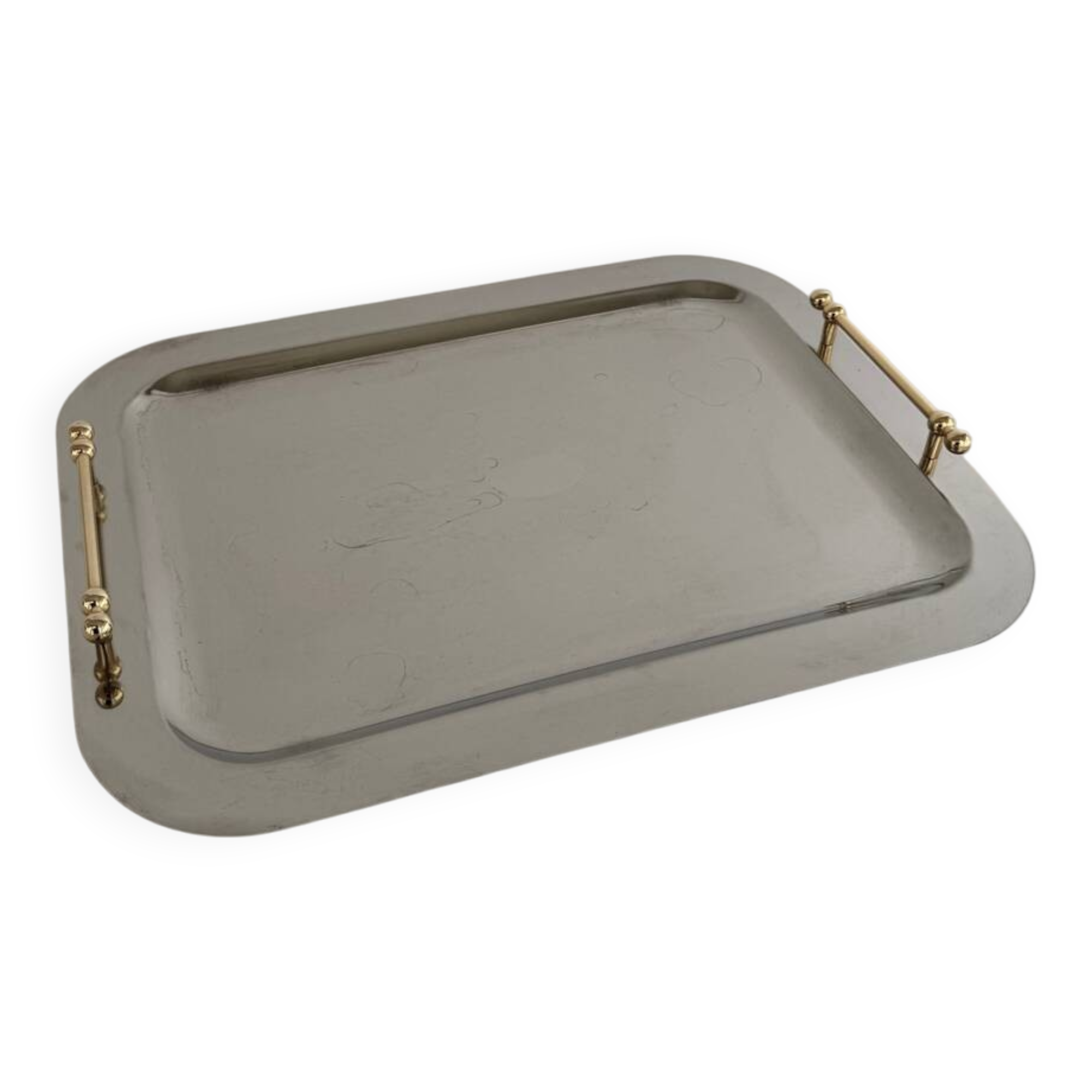 Vintage Stainless Steel Serving Tray With Gold Colored Handles
