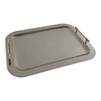 Vintage Stainless Steel Serving Tray With Gold Colored Handles