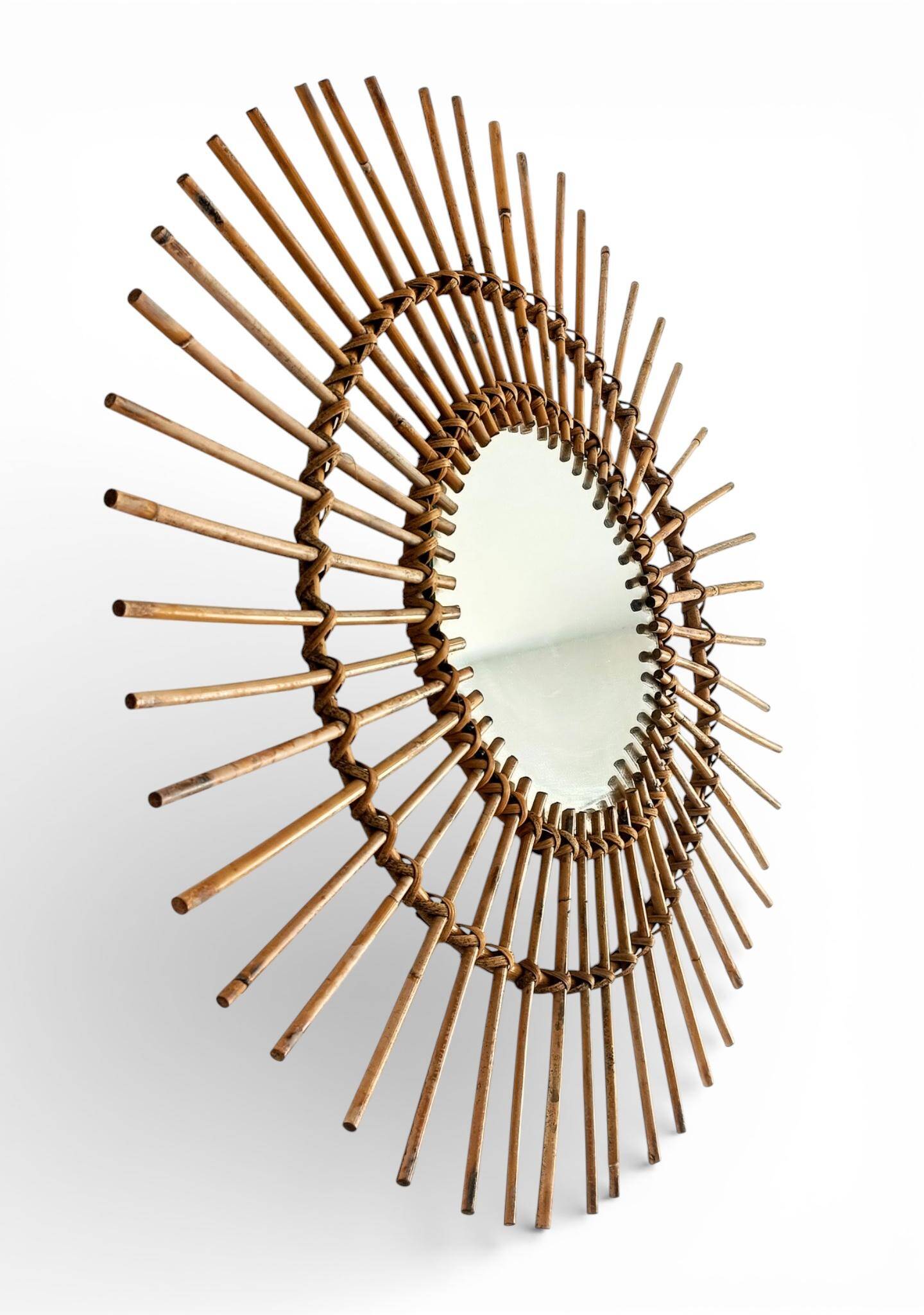Mid Century Organic Modern Bamboo & Rattan Sunburst Patinated Mirror, 1960s