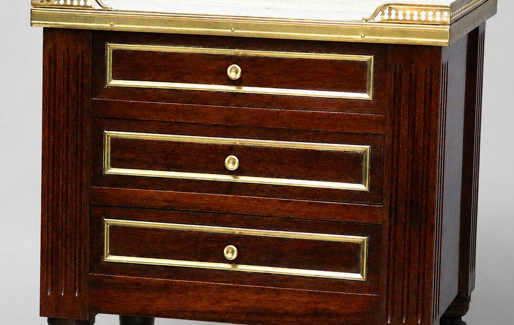 Pair of Mahogany Nightstands with White Carrara Marble in Louis XVI Style