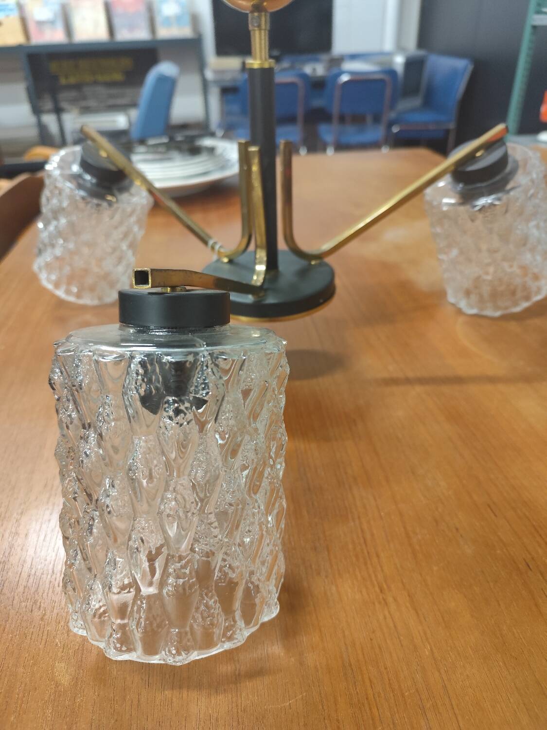 Vintage 70s chandelier with 3 clear glass globes