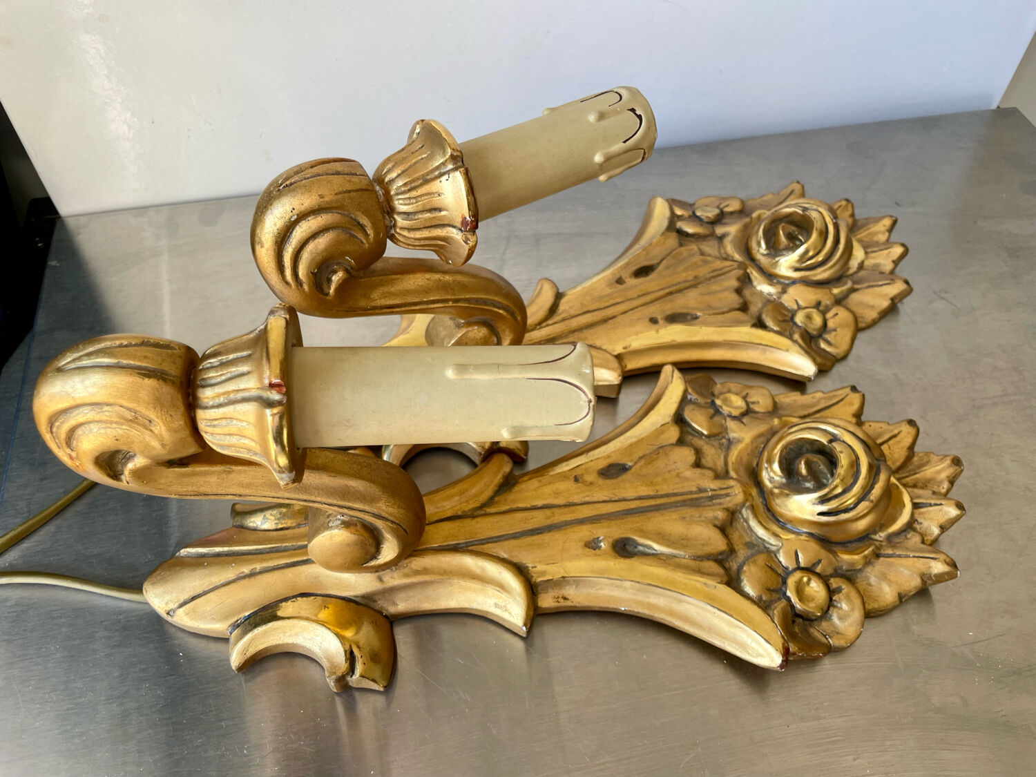 Pair of vintage gilded wood electric wall sconces