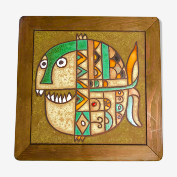 Roland zobel "the cyclade" frame ceramic plate enamelled fish