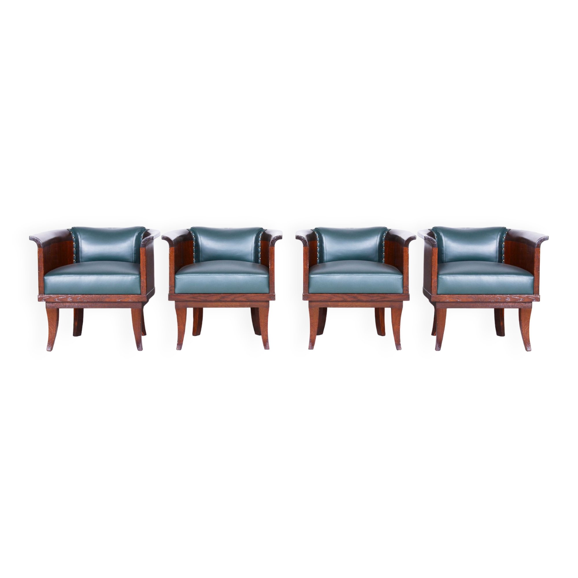 Restored ArtDeco Set of Four Oak Armchairs, High-Quality Leather, Czechia, 1920s
