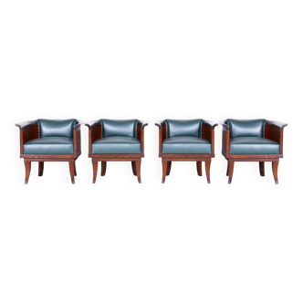 Restored ArtDeco Set of Four Oak Armchairs, High-Quality Leather, Czechia, 1920s