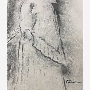 Tableau au fusain signé portrait féminin « la peintre et son œuvre »