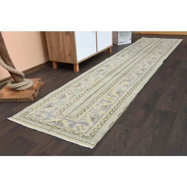 Vintage Turkish Oushak Handmade Wool Cotton Beige Runner Rug 71x315