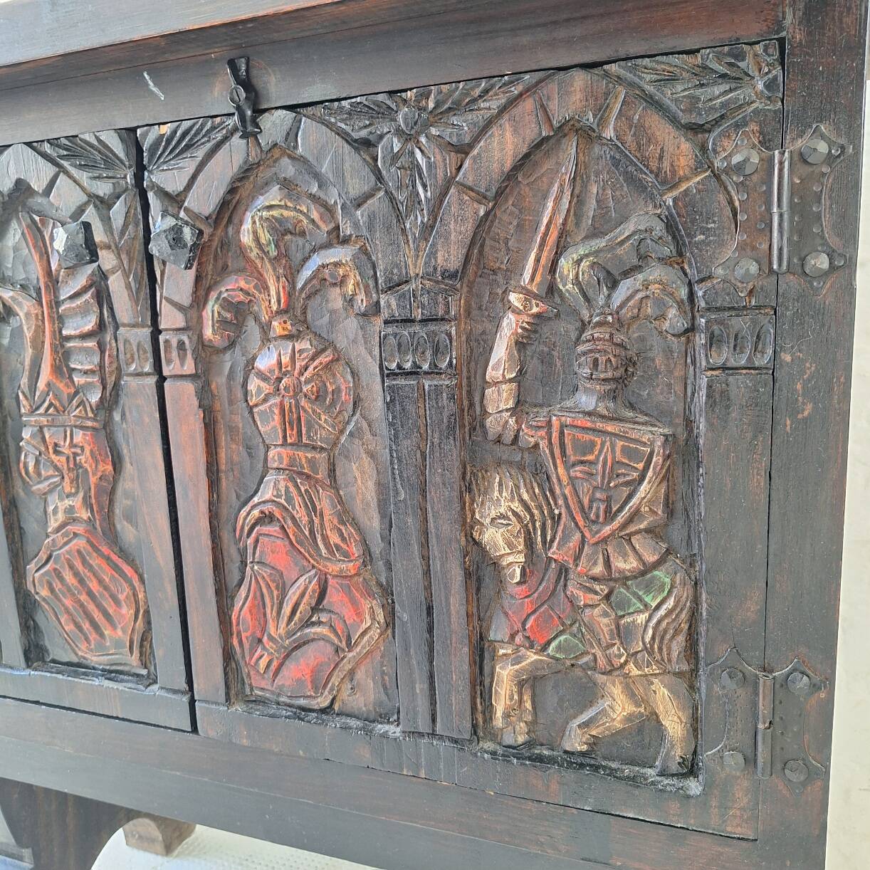 Arts of México Spanish colonial carved  painted console / sideboard, 1940s