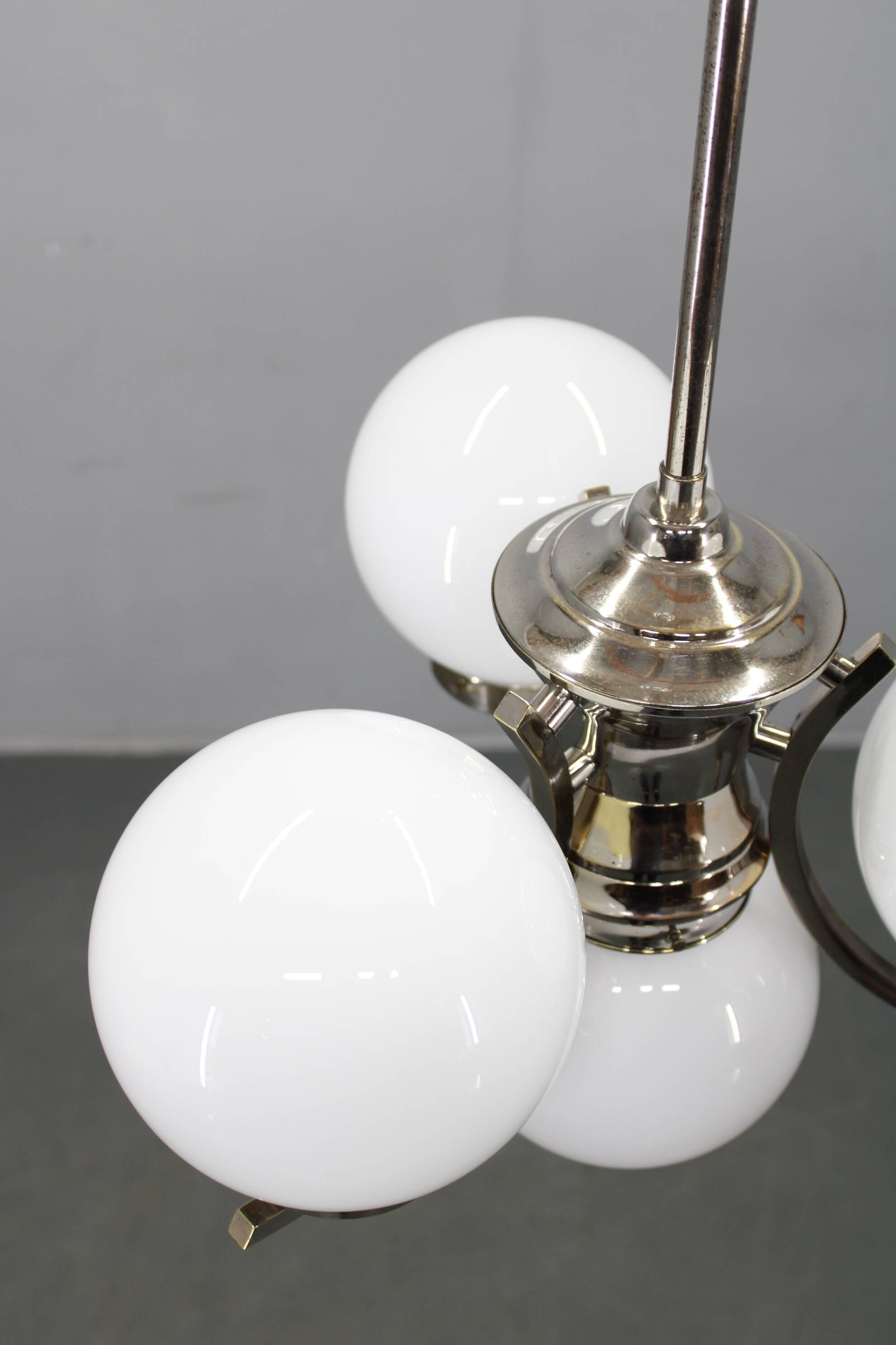 Art Deco chrome chandelier with white globe shades, 1930s