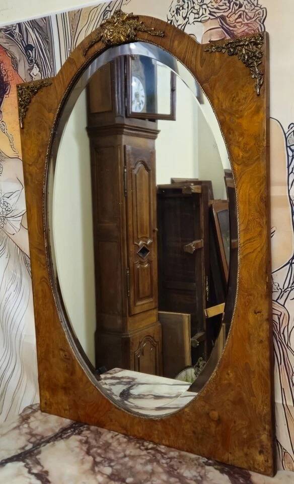 Miroir époque Napoléon III, seconde moitié du XIXe siècle en loupe et bronz