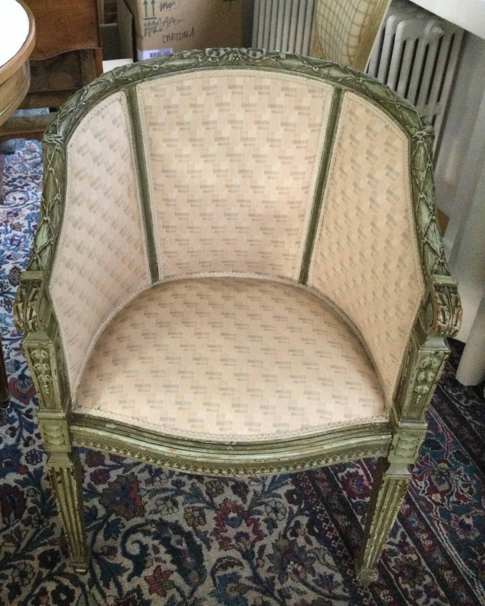 Antique Bergère armchair in Louis XVI style - Beige geometric fabric