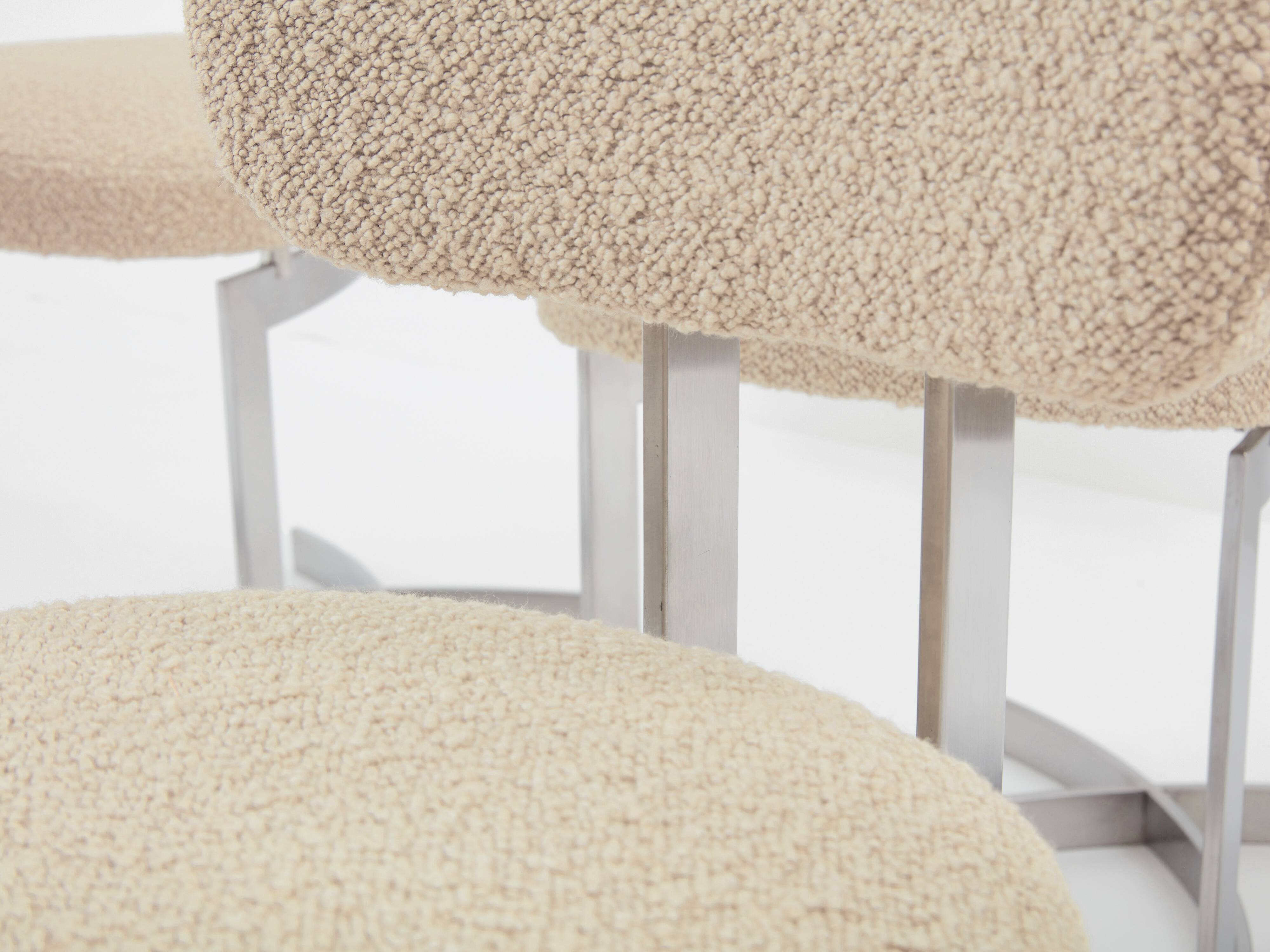 Paul Legeard set of 12 stainless steel and curly wool chairs 1970