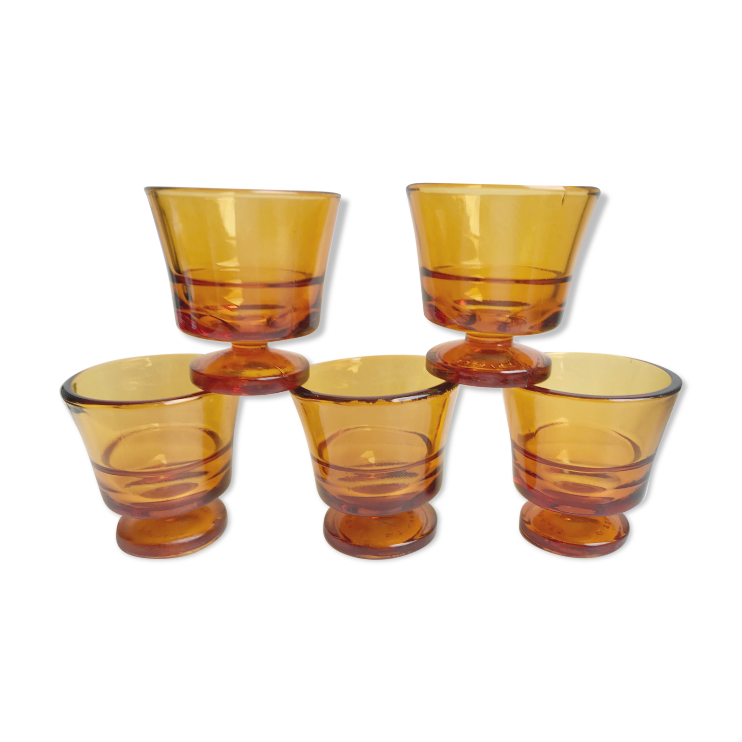 Set of 5 amber liquor glasses in duralex 60s molded glass