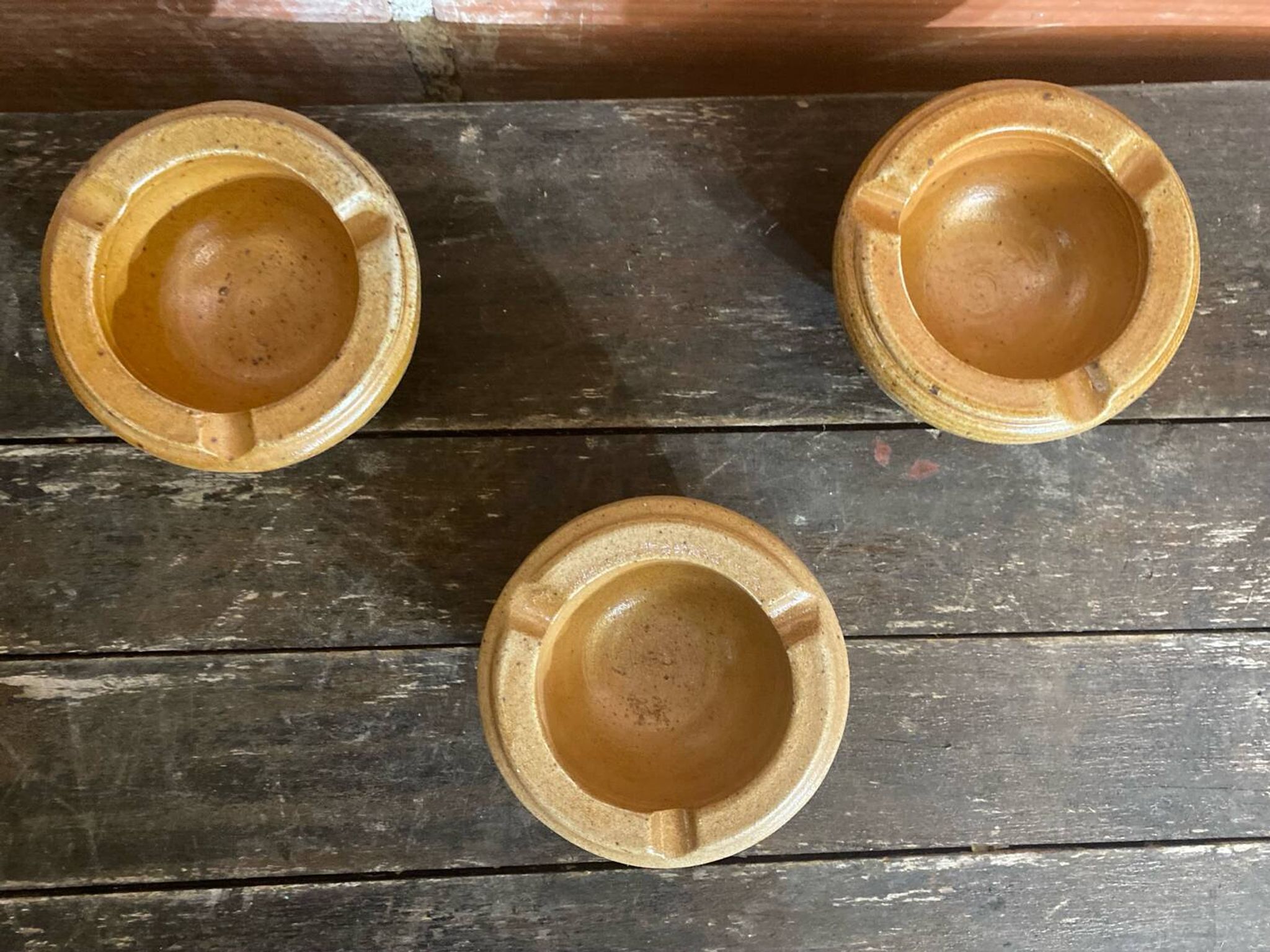 Set of 3 Vintage Beige Stoneware Ashtrays Made in France