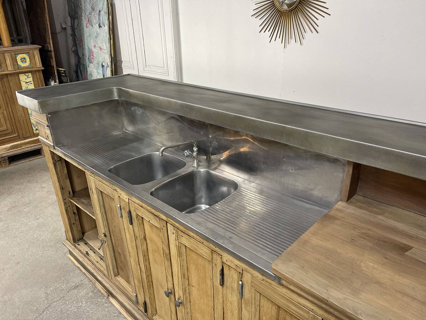 19th-century zinc and solid oak bar counter