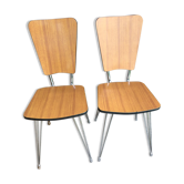 Duo of chairs in formica imitation brown wood and eiffel feet