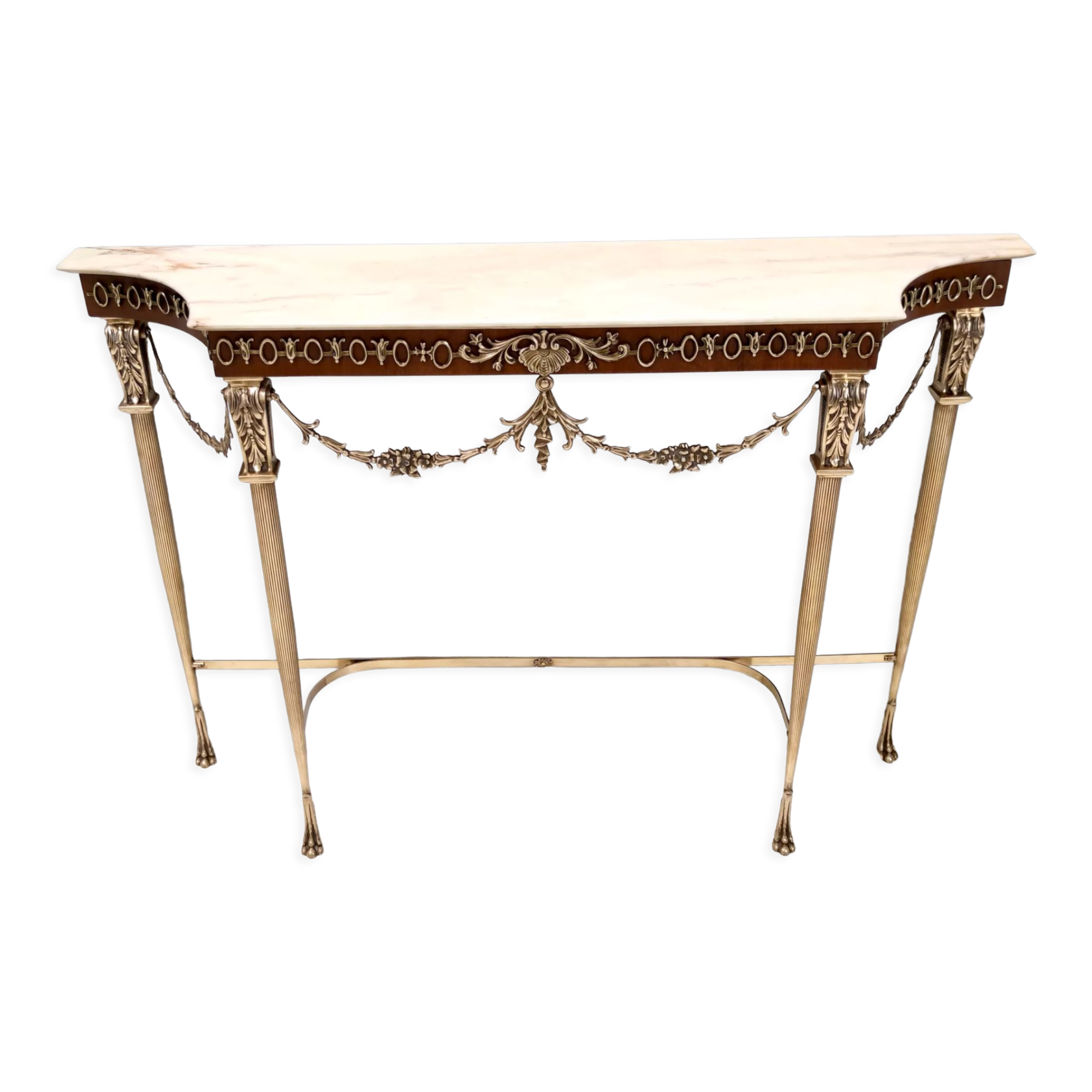 Vintage walnut console with a portuguese pink marble top and brass frame, italy