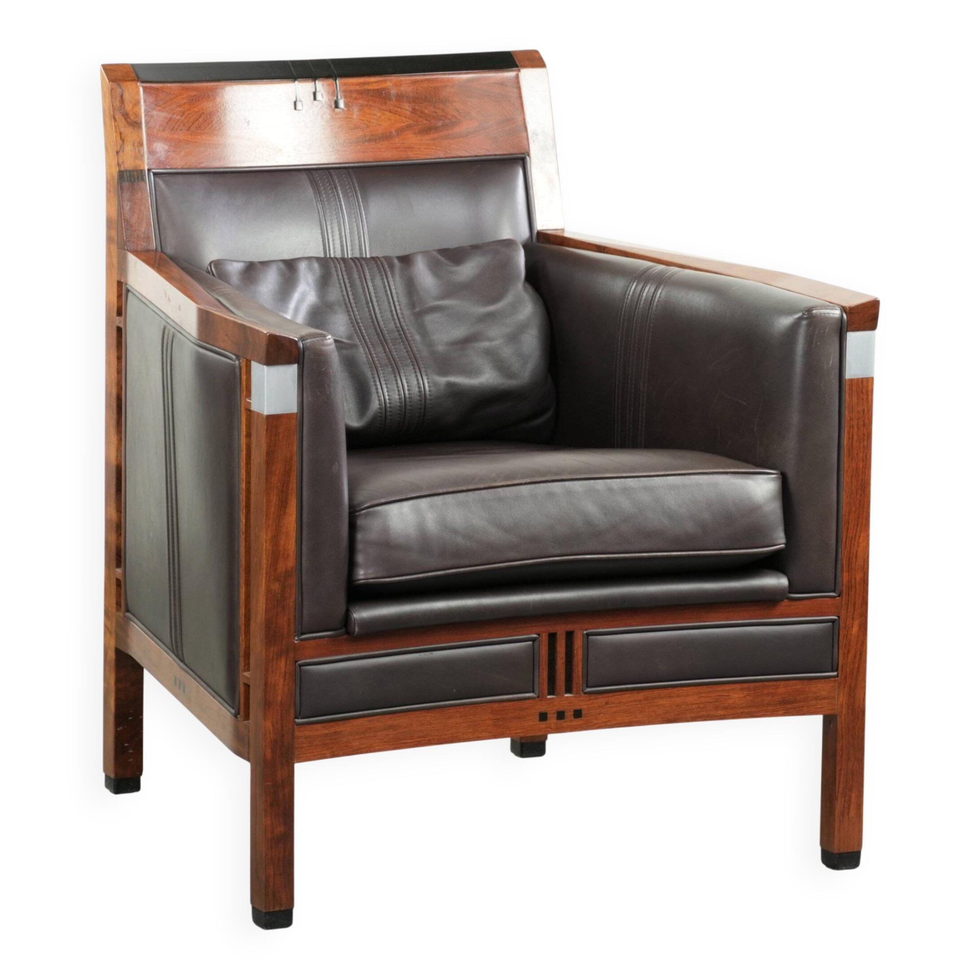 Art Deco design armchair with dark brown cowhide upholstery