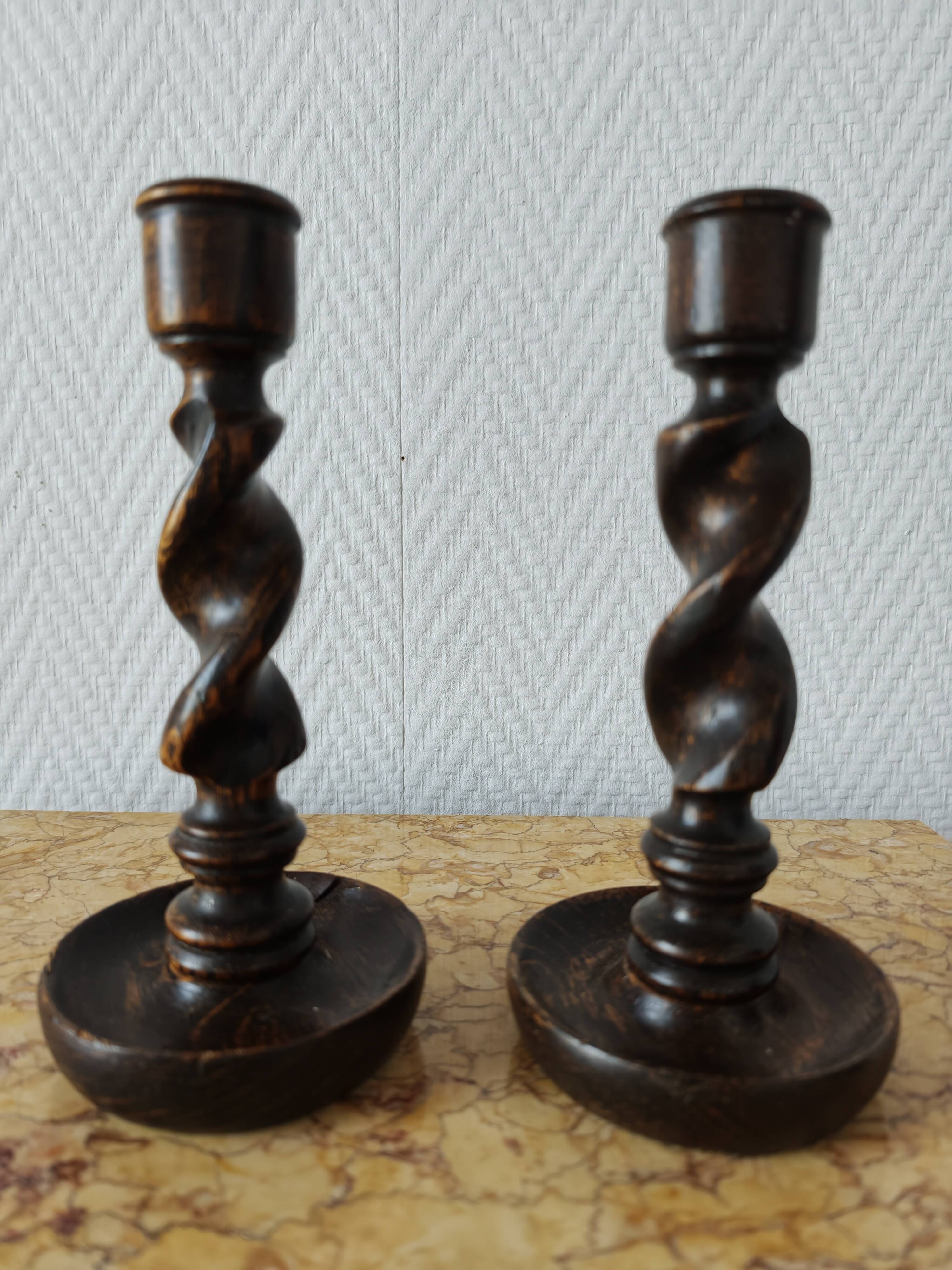 Pair of twisted wood candlesticks (Barley twist)