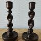 Pair of twisted wood candlesticks (Barley twist)