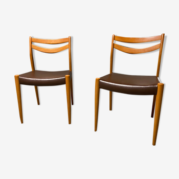 Pair of Danish Scandinavian chairs in teak - faux-leather 1960