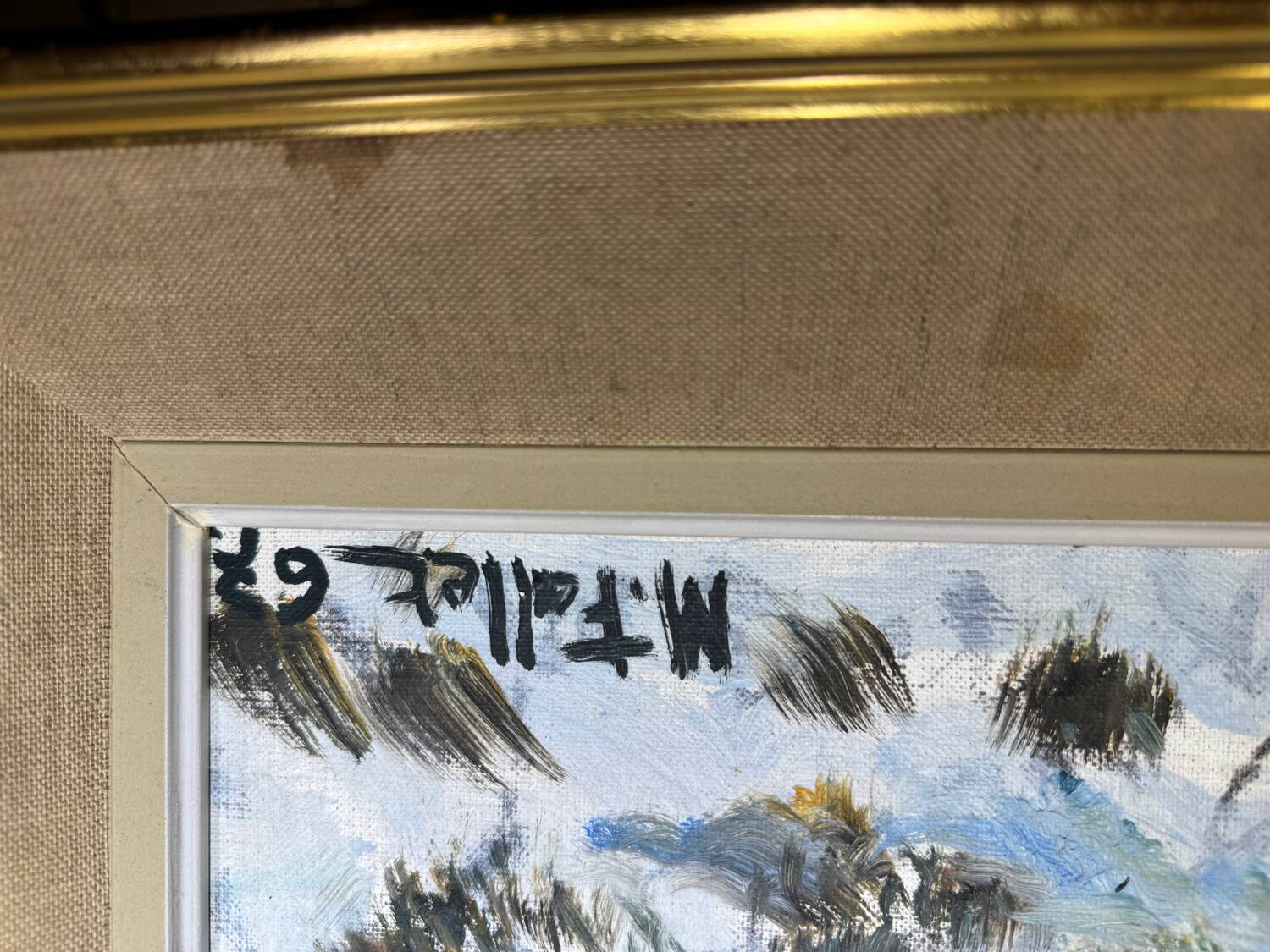 Antique painting, landscape under the snow, signed Fallet 1967