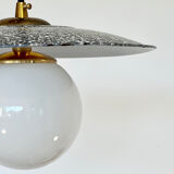 Industrial pendant light made of speckled enameled sheet metal and opaline