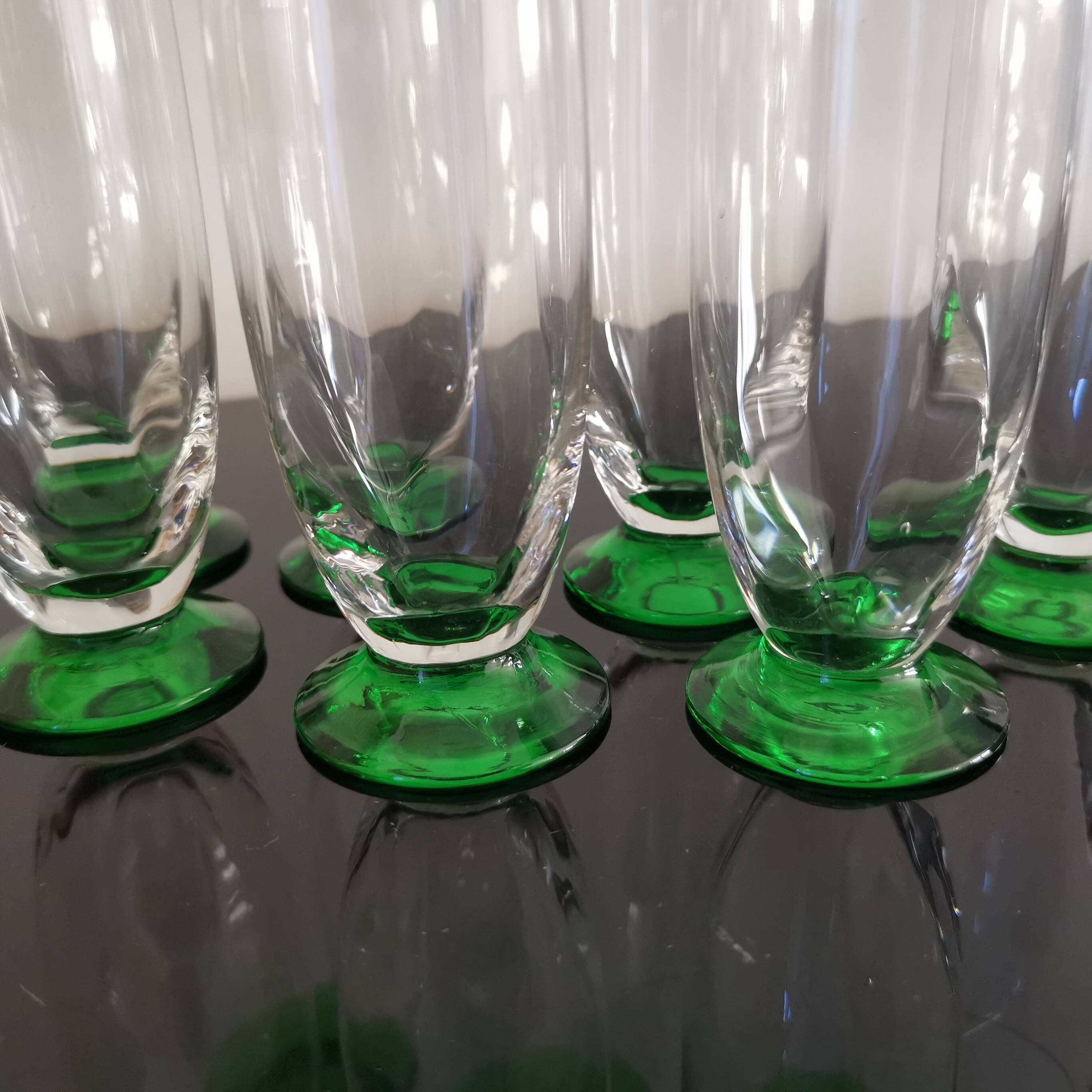 10 green stemmed glass champagne flutes from the 1930s