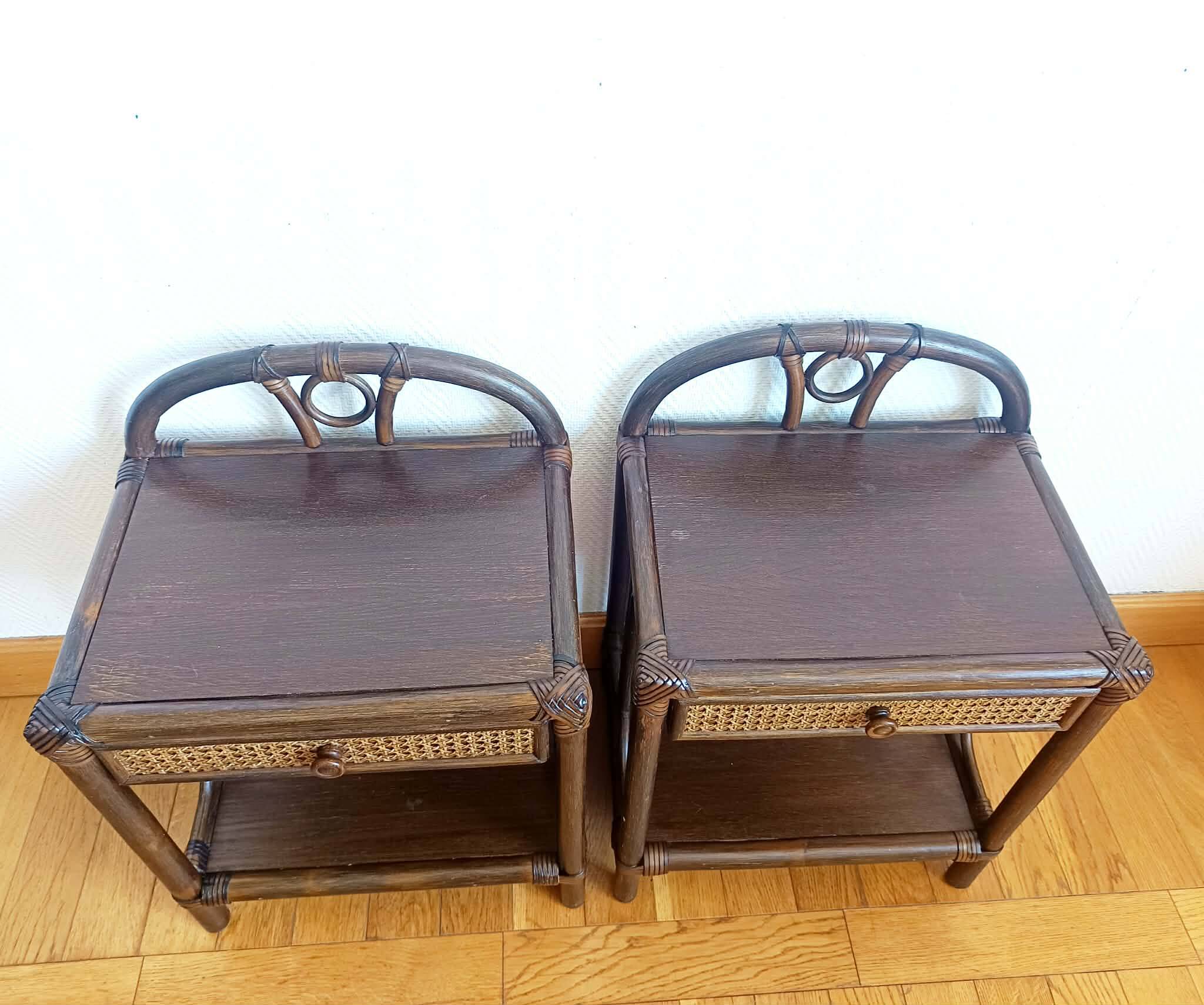 Pair of vintage 1960s rattan bedside tables